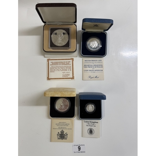 9 - 4 boxed silver proof coins including £1 coin, 80th birthday Crown & Bahamas Charles $10