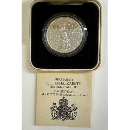 9 - 4 boxed silver proof coins including £1 coin, 80th birthday Crown & Bahamas Charles $10