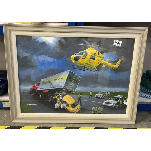 1689 - A Ken Rush 2017 'Lincs Air Ambulance' accident scene, original signed acrylic painting, artist label... 