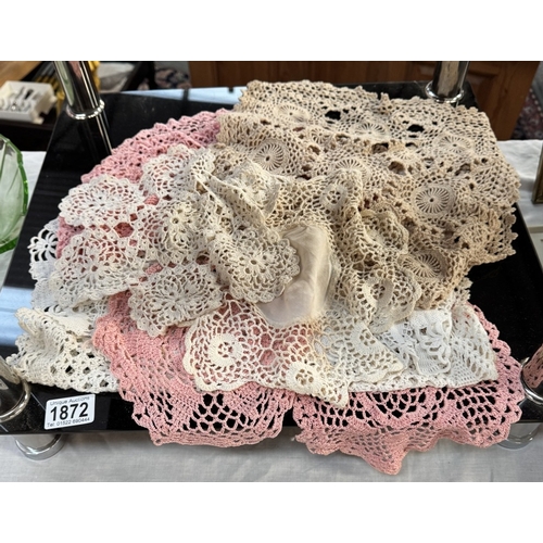 1872 - A tea cosy with lace cover & a quantity of doilies