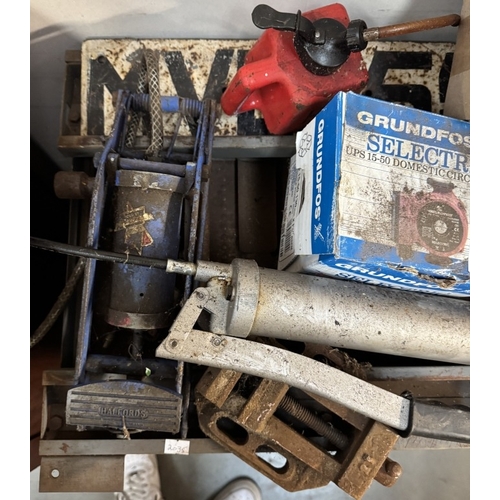 1906 - A quantity of foot pumps, grease guns, drill vice etc