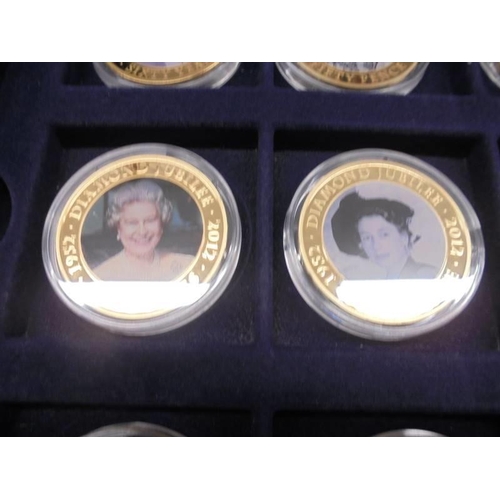 33 - 22 cased 1952-2012 Diamond Jubilee gold plate coins, A Royal Engagement coin and Roman Army coin.