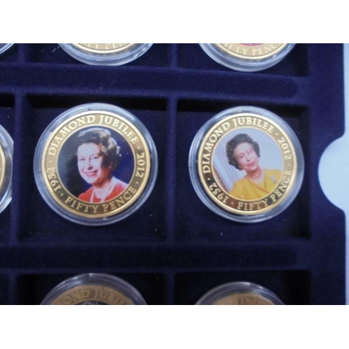 33 - 22 cased 1952-2012 Diamond Jubilee gold plate coins, A Royal Engagement coin and Roman Army coin.