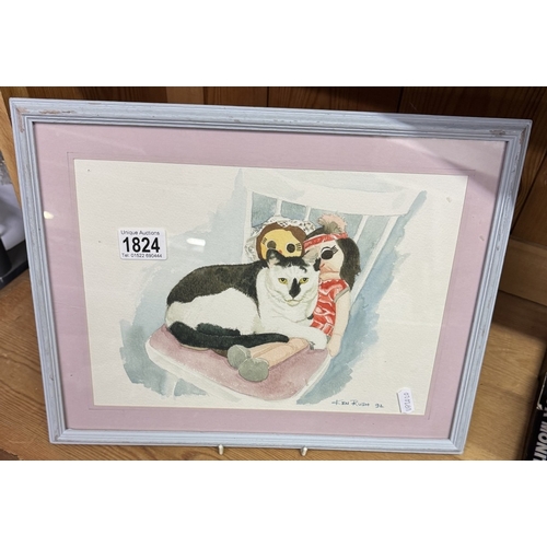 1824 - A rare Ken Rush watercolour of a cat, signed & dated 92