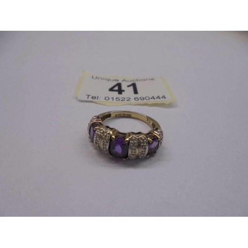 41 - A vintage 9ct gold amethyst and diamond ring, size M, 3.8 grams.