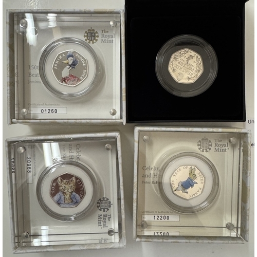 71 - A collection of 12 boxed & slabbed Beatrix Potter silver proof 50p coins including 150 years