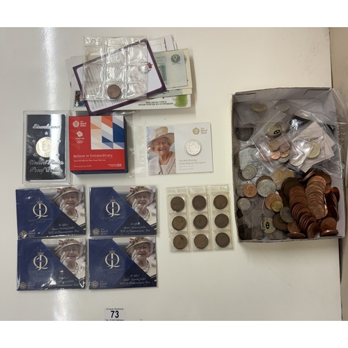 73 - A mixed lot of coins & bank notes including silver, proof sets etc