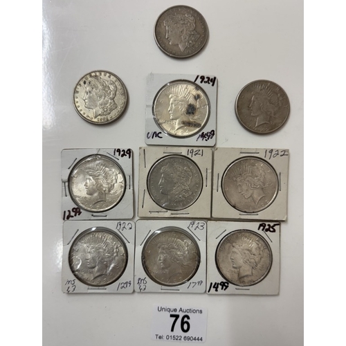 76 - 10 x 1920's silver Morgan dollars