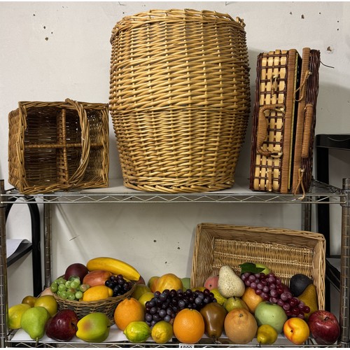 1809 - A fabulous lot of fruit, wicker basket, wine basket & Ali Baba washing basket (no lid)