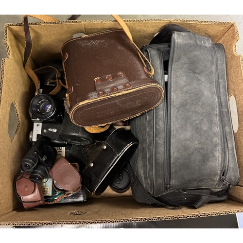 1904 - A quantity of cameras including Halina 35x super & Zenite-E etc. including binoculars & tripod