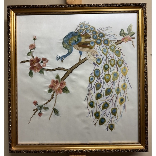 1919 - 2 framed silk tapestries of Herons & Peacock birds