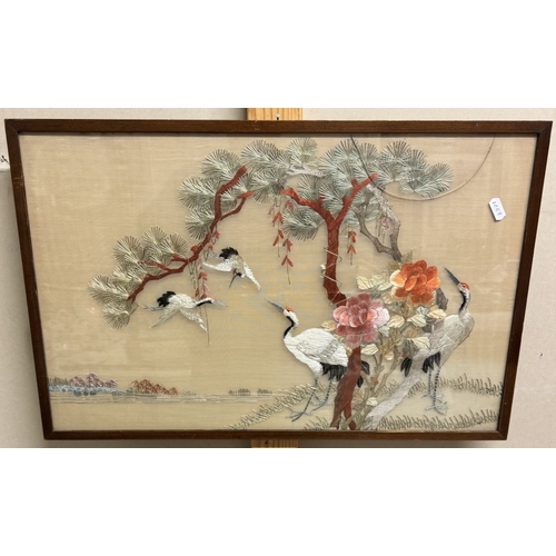 1919 - 2 framed silk tapestries of Herons & Peacock birds