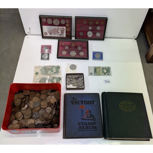 70A - A mixed lot of coins including a large quantity of Victorian penny sets, crowns etc & 2 stamp albums