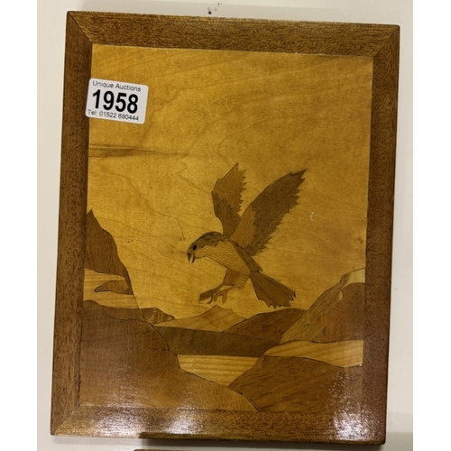 1958 - 3 inlaid wooden panels depicting birds & still life vase of flowers