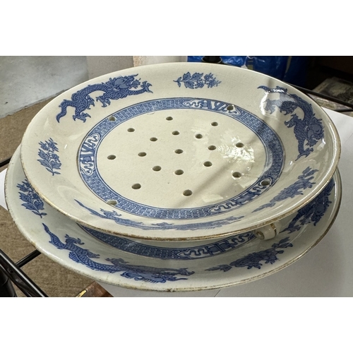 1963 - 2 Booth tureens (no lids) Cauldron blue & white plates & sieve & a Masons jug