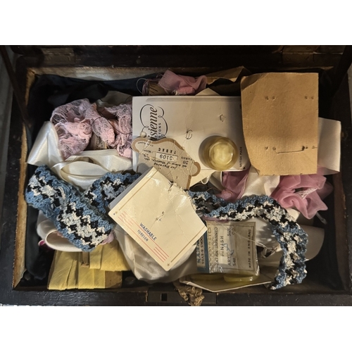 1974 - A Victorian inlaid box and contents of vintage sewing items including reels of cotton