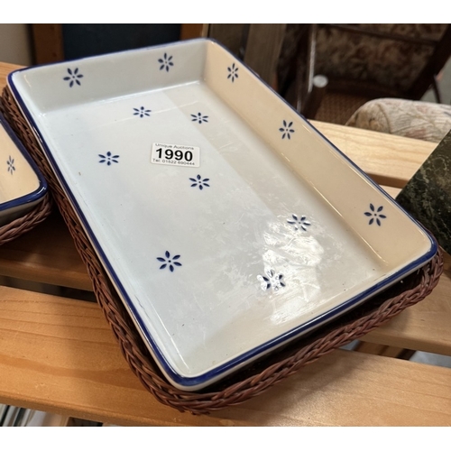 1990 - A marble cheese cutter (unused) wire attached to back, set of 3 graduating oblong bowls in baskets &... 