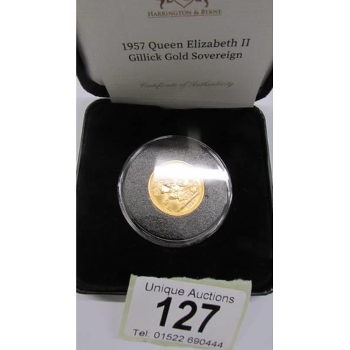 127 - A 1957 Elizabeth II uncircuated gold Gillick sovereign in presentation case, with COA.