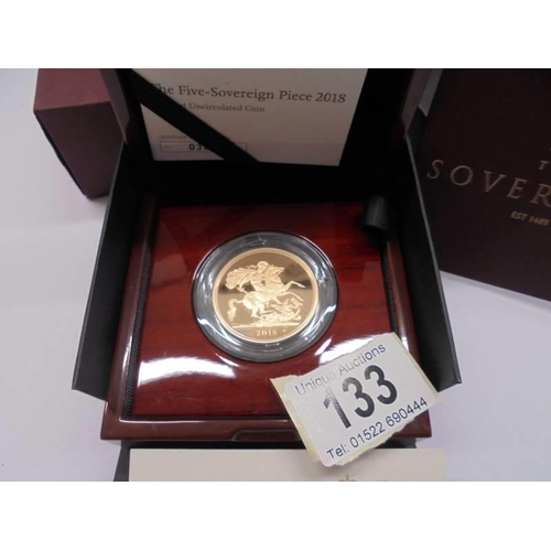 133 - A 2018 Royal Mint uncirculated 5 sovereign coin in proof condition with original presentation box/pa... 