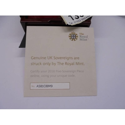 133 - A 2018 Royal Mint uncirculated 5 sovereign coin in proof condition with original presentation box/pa... 