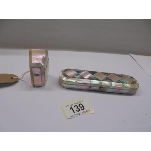 139 - A Victorian mother of pearl & abalone jewellery box and a mother of pearl ring box.