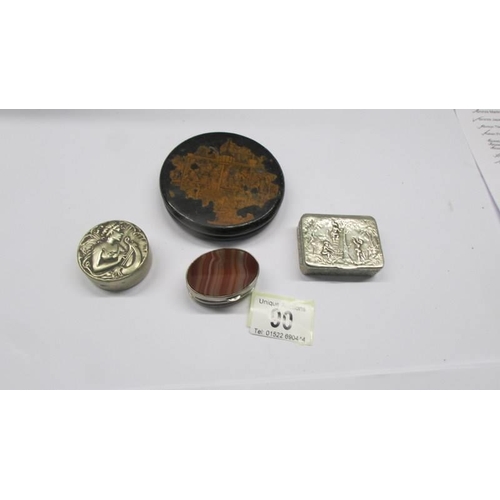 90 - Four snuff boxes, one agate, two silver plate and a papier mache' London scene example.