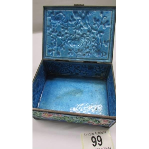 99 - An old Chinese repousse' cloissonne' enamel box, 11.5 x 8.5 x 5.25 cm.