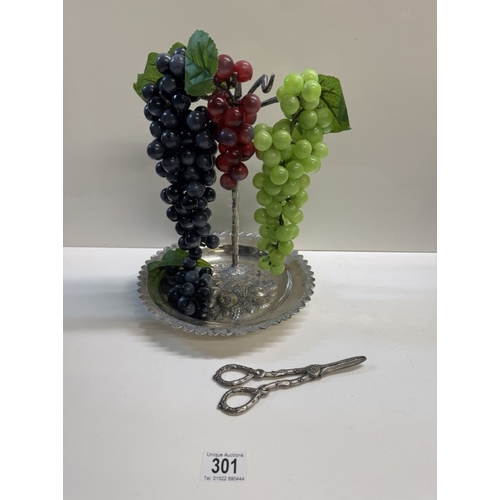 301 - A 1920s silver plated grape stand (Possibly WMF) with scissors & display of faux grapes