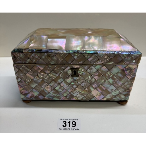 319 - A Mother of Pearl Victorian caddy, (hinges need repair)