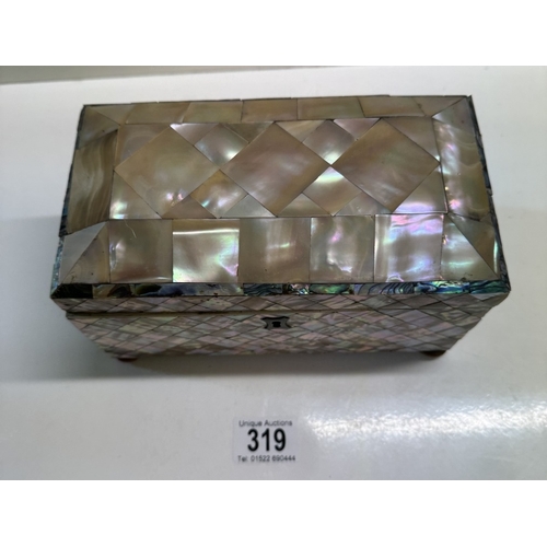 319 - A Mother of Pearl Victorian caddy, (hinges need repair)