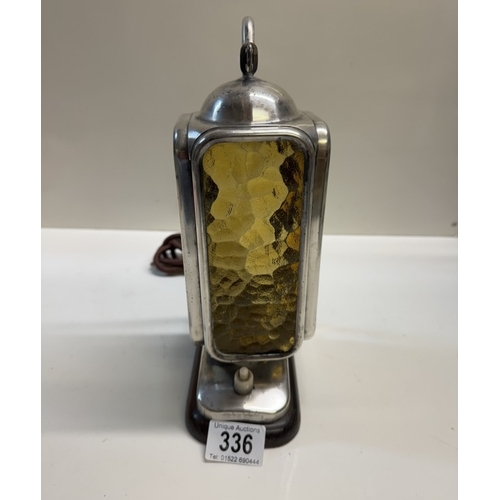 336 - An art deco lantern table lamp with amber & frosted glass panels