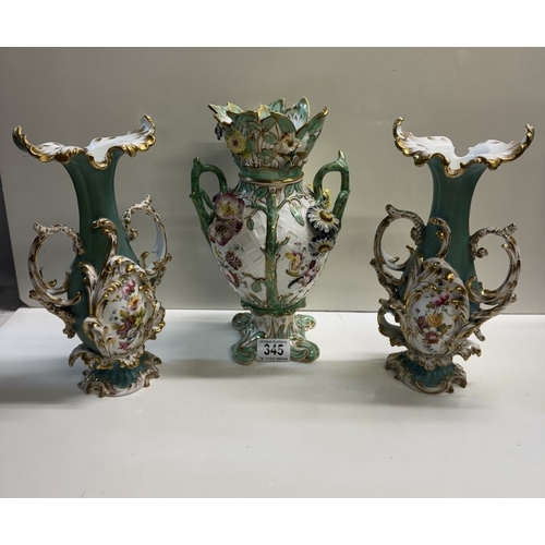 345 - A pair of continental ceramic vases with floral decoration & another continental floral decorated va... 