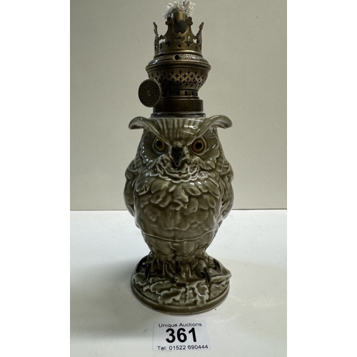 361 - A French William Whiteley porcelain owl oil lamp (missing chimney)