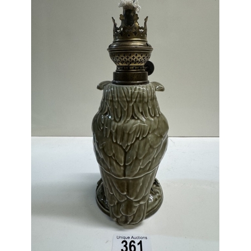 361 - A French William Whiteley porcelain owl oil lamp (missing chimney)