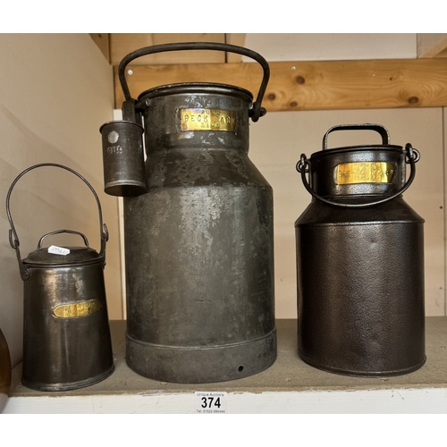 374 - 3 early 20th century milk churns & a pail with brass plaques 'Beck Farm pure milk'