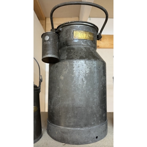 374 - 3 early 20th century milk churns & a pail with brass plaques 'Beck Farm pure milk'