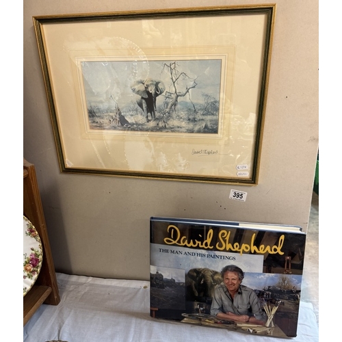 395 - A signed David Shepherd book & signed print of elephants.