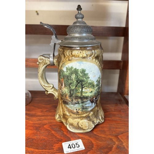 405 - A vintage German beer stein with military gentlemen & countryside scenes