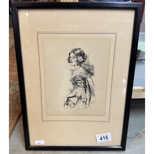 416 - An early 20th century etching/line drawing of a young lady, signed M. Dogard 21.2.20