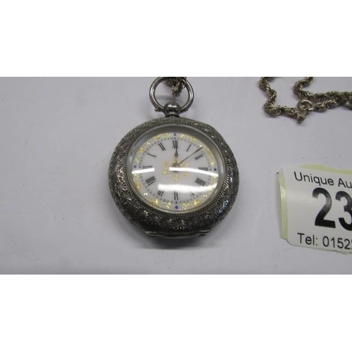 239 - A ladies silver fob watch on silver chain.