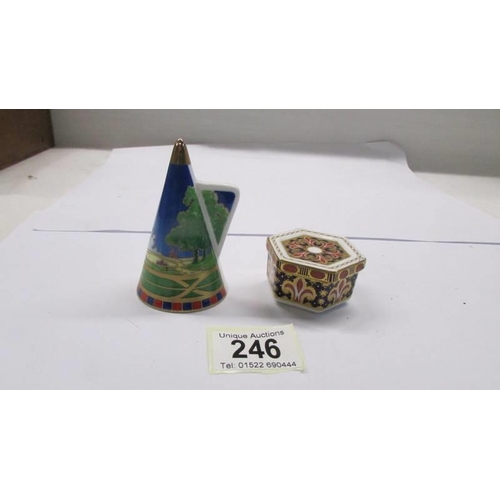 246 - A Royal Crown Derby pill box and a Royal Worcester candle snuffer.