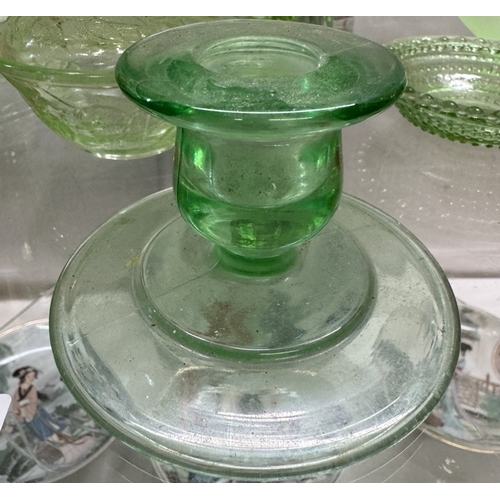 460 - A quantity of vintage green glass including vase, trinket pots & candlesticks