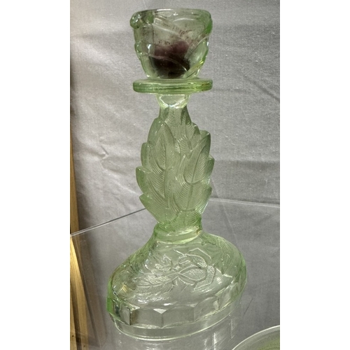 460 - A quantity of vintage green glass including vase, trinket pots & candlesticks