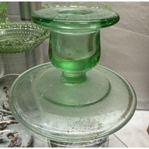 460 - A quantity of vintage green glass including vase, trinket pots & candlesticks