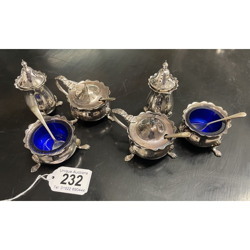 232 - Two Silver Cruet sets, blue plastic inserts. 340g / 7.5oz aprox