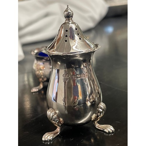 232 - Two Silver Cruet sets, blue plastic inserts. 340g / 7.5oz aprox