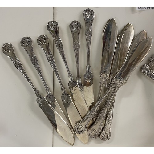 237 - Silver Cutlery. 12 of each and 4 serving spoons (knives with stainless steel blades 2.85lb / 1.28kg ... 