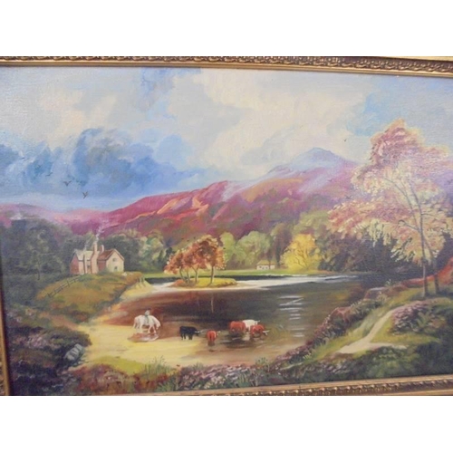 474 - A gilt framed oil on canvas rural scene featuring cattle, initialed S A S. Image 56 x 36 cm, frame 7... 