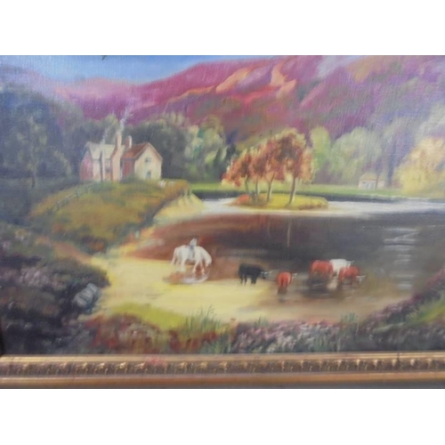 474 - A gilt framed oil on canvas rural scene featuring cattle, initialed S A S. Image 56 x 36 cm, frame 7... 