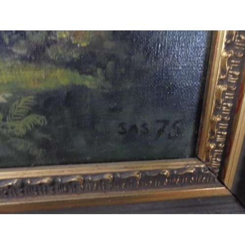 474 - A gilt framed oil on canvas rural scene featuring cattle, initialed S A S. Image 56 x 36 cm, frame 7... 